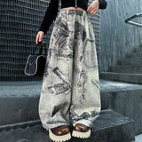 GETADME American Style Girl High Street Newspaper Print Jeans for Children Straight Loose Wide Leg Denim Pants Kids y2k Jeans Trousers