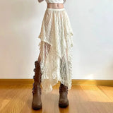 GETADME Lace Asymmetrical Skirt Fairycore Women Vintage Y2K Boho Aesthetic Fashion High Waist Mid Skirts Lady Holiday Outfits