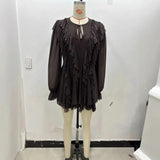GETADME Brown Ruffles Mini Dress Women V-neck Long Lantern Sleeve Pleated Party Dresses Female 2025 Spring Summer Mesh Short Vestidos