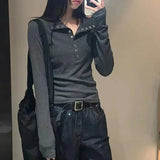 GETADME Y2K High Street Women Sweaters 2025 New Gray White Button Up Bottoming Pullover Woman Slim Fit Long Sleeve Knitted T-Shirt