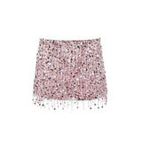 GETADME Sexy Sequins Tassel Skirt Sets Women Sling Crop Tops Hip Package A-line Short Skirts 2025 Summer Chic Beach Party Outfits Lady