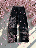 GETADME Y2k Vintage Baggy Fallen Knight Cherry Blossom Embroidery Jeans Men Women Fashion Straight Wide-leg Denim Pants Streetwear Jean