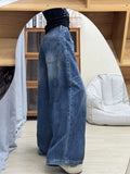 GETADME Chic American Street Style Vintage Curved Hem Jeans Women Edgy Design Loose Fit Slimming Wide Leg Floor Length Denim Pants