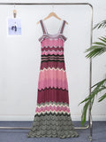 GETADME Patchwork Contrast Knitted Women' Dresses Square Collar Backless Sleeveless Bohemian Long Dress Female  Summer Lady Beach Robes