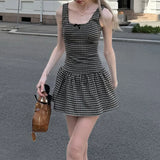 GETADME Women 2025 Square Collar Low Waist Sleeveless Summer Plaid Pattern A-line Mini Dress Sweet Girl's Street Party Vestidos