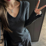 GETADME Autumn Winter New Chic V-Neck Bottoming Tops Women Korean Fashion Skinny Long Sleeve T-Shirt Thicken Warm Knitted Innerwear Tees