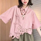 GETADME Women Y2K Streetwear Green Plaid Short Sleeve Shirt Cat Embroidery Asymmetrical Hem Frog Button Casual Loose Fit Couple Top 2026