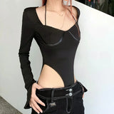 GETADME 하이 스트리트 여성 바디수트 긴팔 로우컷 섹시 홀터 블랙 스키니 셰이프 웨어 원피스 슬리밍 클럽 베이직 탑 가을