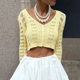 GETADME Trendix 여성용 여름 니트 긴팔 카디건 V넥 솔리드 바디콘 홀로우 아웃 숏 탑 파티 클럽 슬림 베케이션 탑 여성