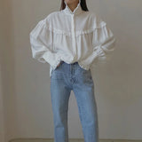 GETADME French Lapel Lantern Sleeve Lace Design Shirt, Loose White Shirt, Early Spring, New, 2025