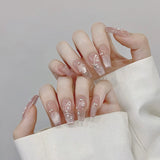 GETADME 10Pcs Reuse Finished Fake Nails with Butterfly Deisgn Pink Cat's Eye French Handmade Press on False Nails Wearable Nail Art Tips