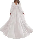 GETADME Bridalaffair 플리츠 튤 프린세스 프롬 드레스 V넥 롱 퍼프 슬리브 플러스 사이즈 이브닝 드레스 우아한 드레스 여성 웨딩 파티용