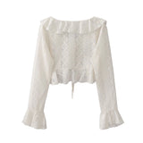GETADME Women Autumn Top French Retro Sweet Jacket Waisted Short Lace Ruffle Edge Spicy Style Suspenders Two Piece