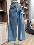 GETADME American Wide Leg Denim Pants For Women In Spring And Autumn, Fashionable Pleated Design, Loose Floor Length Pants