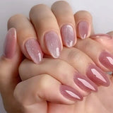 GETADME 24Pcs Metallic Cat Eye French Sheer Manicure Tip Art Textured 3D Acrylic False Nails Nude Pink Almond Medium Press on Fake Nails