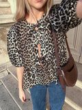 Getadme Leopard Print Shirt Women Vintage Hollow Out Lace Up Loose O-Neck Puff Sleeve Female Tops Lady Elegant High Street