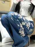 GETADME 2026 Mid Rise Retro Rose Embroidered Micro Flared Denim Pants Female Summer Hot Girls, Slim Fit And Slimming, Flared Floor Pants