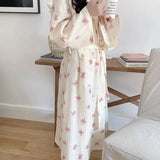 GETADME New Pajamas Women's Spring and Fall Korean Simple and Comfortable Robe Pink Bow Casual Loose Homewear Nightgowns Women's Clothin