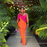 GETADME 2025 New Fashion Orange Color Women Sleeveless Sexy V-Neck Ruffles Bodycon Mid-calf Bandage Dress Birthday Celebrate Party Dress