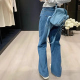 GETADME American high street breasted design straight jeans women's autumn and winter new high waist design fashion loose slim pants.