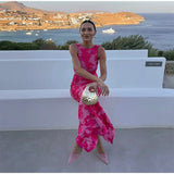 GETADME 메시 스테레오 디스코이드 플라워 랩드 힙 롱 드레스 섹시 슬림핏 패치워크 여성 3D 디자인 슬리브리스 라운드넥 이브닝 드레스