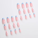 GETADME 24Pcs Almond Blue French Press On nails 3D Pearl Flower Medium Length False Nails Full Cover Artificial Acrylic Fake Nails Tips