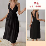 GETADME Sexy Pajamas Long Nightgown Home Wear Fashion Lace Dress For Women Deep V Sleepwear Chiffon Nightdress Wedding Night Clothes