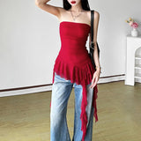 GETADME 2025 Summer Women's Fashion Off Shoulder Slim Fit Tassel Ruffle Strapless Solid Color All-match Tank Top Streetwear Sexy Vests