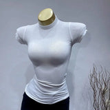GETADME Women'sTurtleneck Ribbed Knit Slim Fit Crop Top Casual Basic T-Shirt Tight Knit Sexy Fitted Cropped T-Shirt