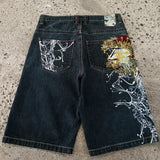 GETADME American Washed Ecko Denim Shorts Mens Hip-hop Rock Street Fashion Pattern Straight Pants Harajuku Trend Wide Pants