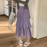 GETADME Sweet Lace Ruffles Long Skirt Women Summer Cute Puff Cake A Line Skirt Woman Korean Style High Waist White Chiffon Tulle Skirt
