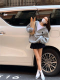 Getadme Grey Half Zip Embroidered Hoodie Oversize Sports Casual Loose Hoodie Fleece Sweatshirt Korean Fashion Ropa De Mujer