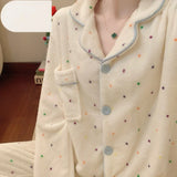 GETADME Autumn Winter New Pajamas Lapel Neck Long Sleeve Colourful Dot Print Warm Sleepwear Thick Casual Pajamas Coral Fleece Two-Piece