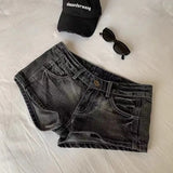 GETADME Vintage Denim Shorts Women Summer Black Grey Washed Low Waist Elastic Skinny Hot Shorts Jeans