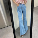 GETADME REALEFT Spring Summer Women's Denim Flare Pants 2025 New High Waist Korean Style Washed Casual Slim Full Length Pants for Women