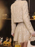 GETADME Small Fragrance Autumn Winter Beading Tweed Pearls Short Jacket Coat + Mini Pleated Skirt Suit Two Piece Sets Womens Outifits