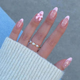 GETADME 신상품 24개입 짧은 사이즈 프렌치 워터 드롭 핑크 엣지 & 진주 리본 여아용 여성용 착용 가능 가짜 손톱 세트