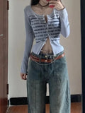 Getadme-Korean Style Vintage Gray Crop T Shirts Women Streetwear Letter Print Casual Tops Mujer Slim Long Sleeve Tees Autumn