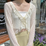 여성 여름 자외선 차단 코트 레이스 리본 러플 카디건 셔츠 여성 블라우스 탑 여성용 커버 Blusa 화이트 Y2K 한국 셔츠