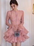 GETADME Elegant Women Round Neck Single Breasted Flare Long Sleeve Mini Dress Sweet Solid Bubble Skirt 2025 Lady Chic High Street Robes