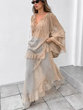 GETADME Fashion Ruffle Edge Dress Women Summer 2025 New Khaki Batwing Sleeve Loose Sun Protection Cover Long Dresses Female High Street