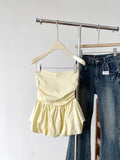 GETADME Ruffle Peplum Tube Cami Top: Waist-Cinching Sleeveless Crop Top Korean Style Chic Summer 2025 Bandeau For Petite Girl