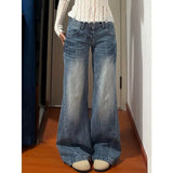 GETADME New American Vintage Edgy Low Waist Washed Jeans Women Lightning Crack Flared Wide Leg Floor Length Versatile Denim Pants