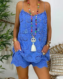 GETADME Women's Cotton Linen Sleeveless 2-Piece Set Hollow Embroidery Ruffled Camisole Tassel Vest Drawstring Shorts Printed Casual Set