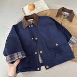GETADME 2025 UNITIM Spring Autumn Kids Boys Jacket Plaid Spliced Pocket Long Sleeve Toddler Boys Outerwears Coat Children Boys Jacket