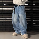 GETADME Wide Leg Jeans Men Straight Pants Vintage Patchwork Washed Distressed Mid Waist Pockets 2025 Streetwear Denims Loose Trousers