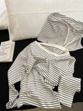 GETADME Striped Sleepwear Women Pajama Shorts Sets Long Sleeve Piiama Casual 2 Pieces Night Wears Summer Korean Casual Home Suit 2025