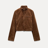 GETADME Vintage Suede Zipper Jacket Women Casual Oversized Lapel Green Long Sleeve Bomber Coats 2025 Spring Street Chic Outerwear Tops