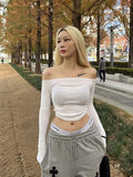 GETADME Sexy Slash Neck T Shirt Women Cotton Long Sleeves Cropped Tee Shirt Femme Slim T-shirt Female Black White Tops 2025