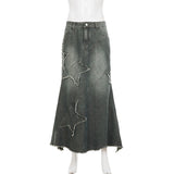 GETADME SUCHCUTE Y2k Patchwork Denim Long Skirt Women Retro Slim Ripped Mid-Waisted Mermaid Hem Skirts Fashion Tassel Irregular Skirt